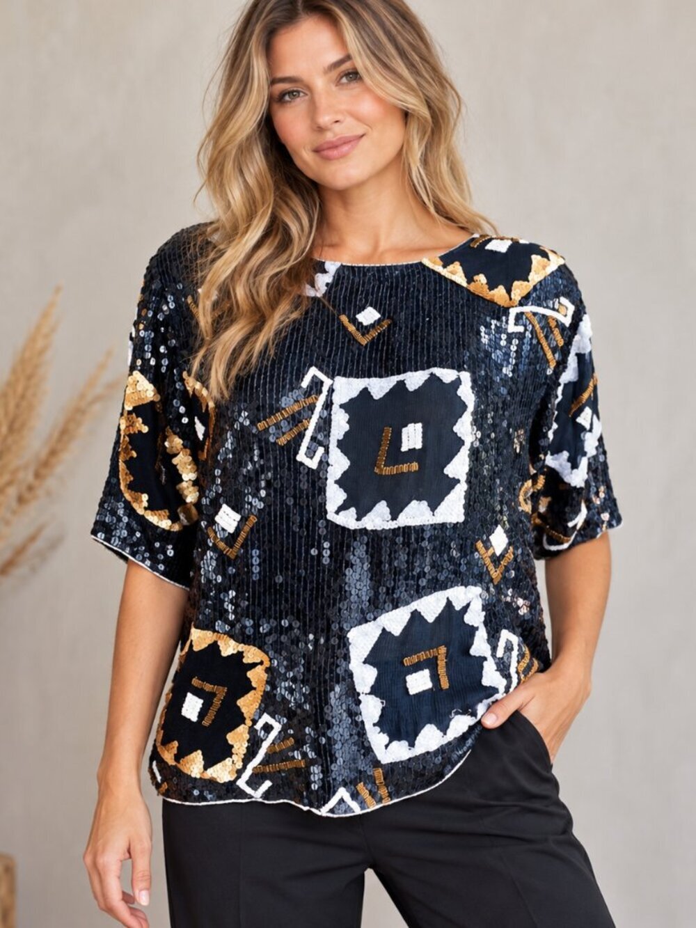 Vintage Silk Fully Beaded geometric Print Short Sleeve Party Top M